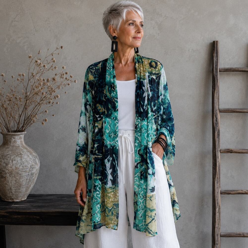 Multiples Green Floral 3/4 Sleeve Mesh Kimono XL
